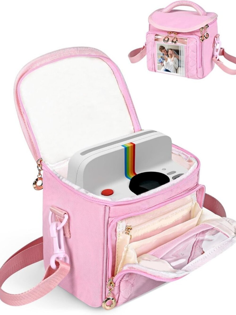 Stylish Pink Crossbody Camera Case for Instant Cameras, Easy Photo Window